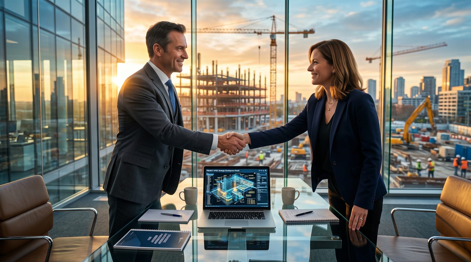 Dos profesionales cerrando una alianza de negocios frente a una obra en construcción