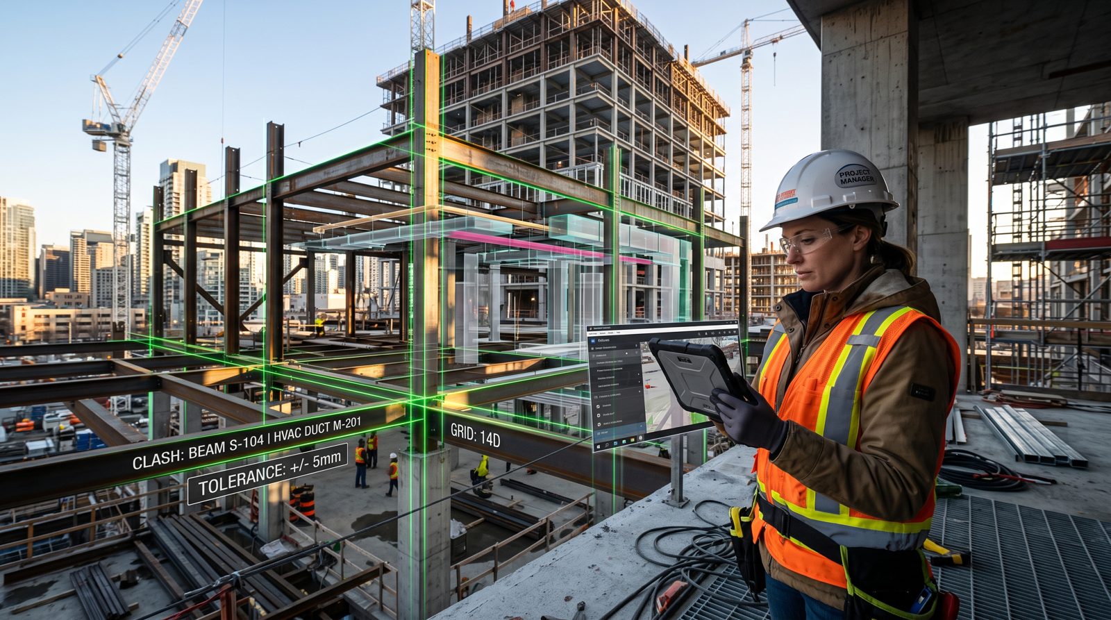 Jefa de proyecto revisando el modelo BIM superpuesto sobre la obra con detección de colisiones