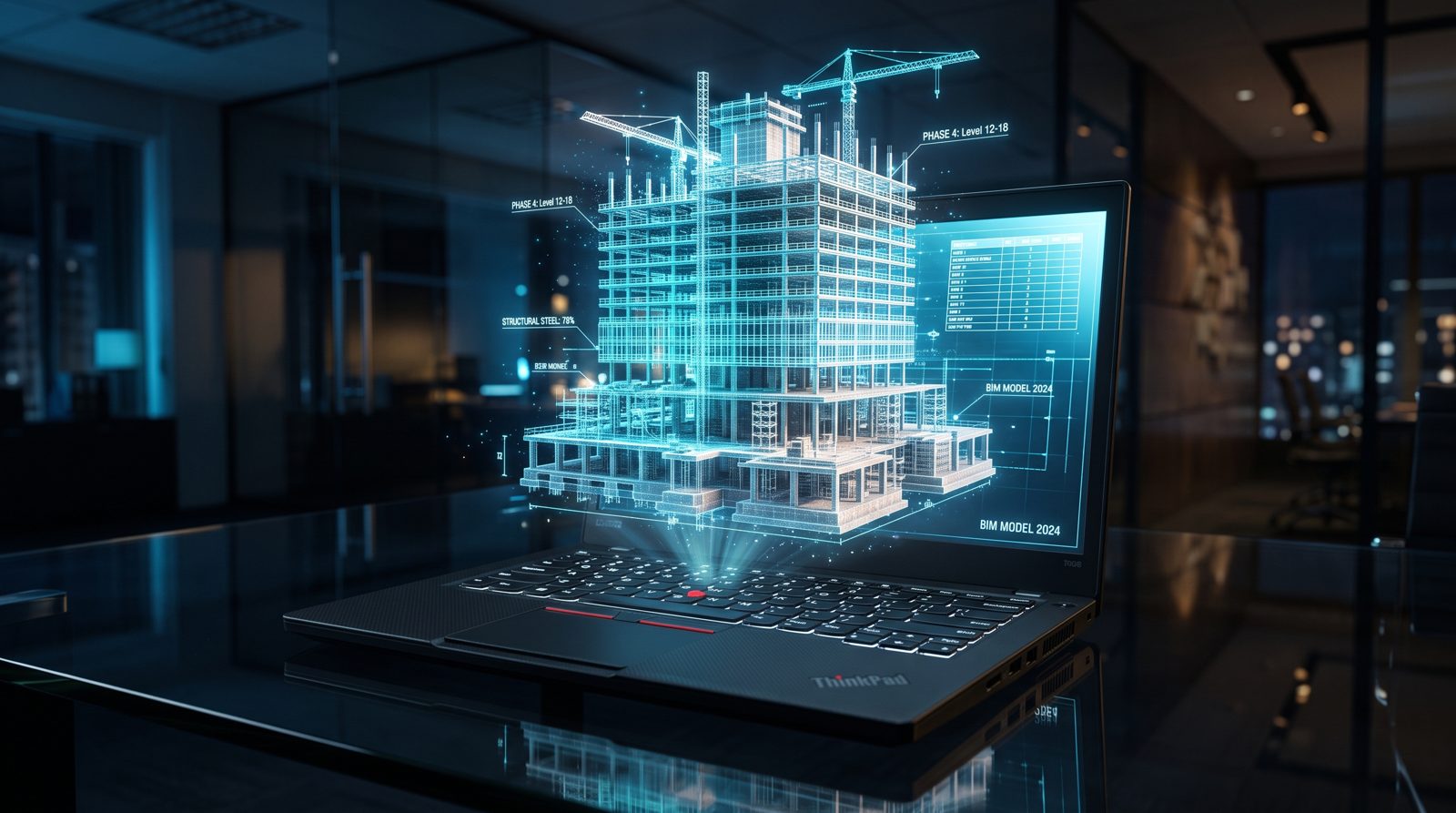 ThinkPad proyectando el holograma de un modelo BIM sobre el teclado