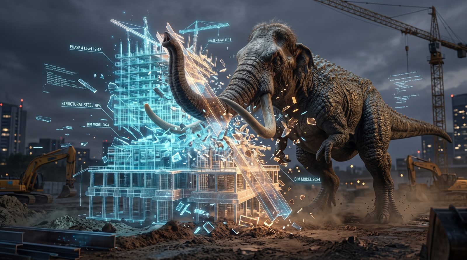 Un mamut prehistórico destruyendo el modelo BIM holográfico de un edificio